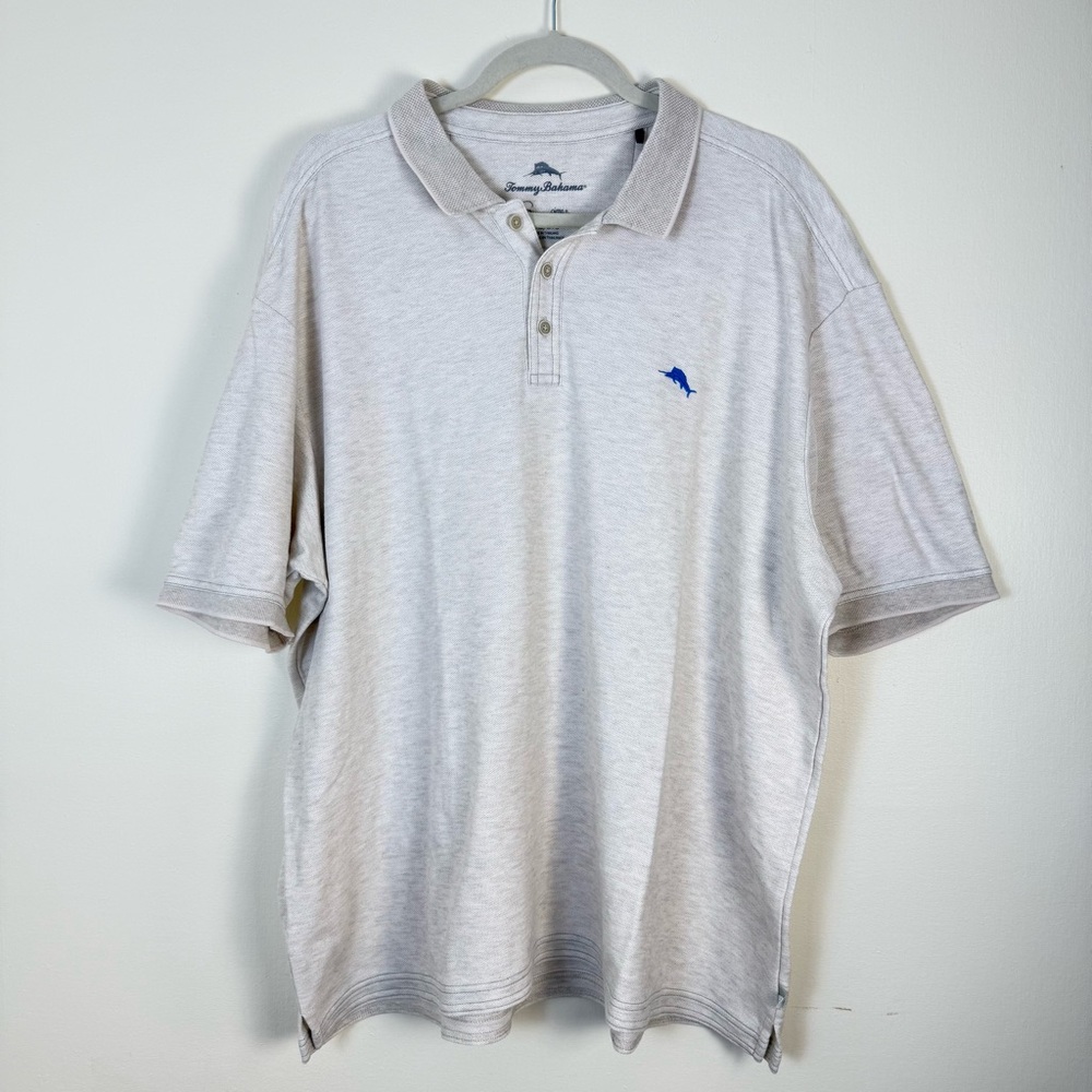 Tommy Bahama Supima Mens Polo Shirt sz 2XL Blue Marlin Logo Mesh Jaguard Oatmeal